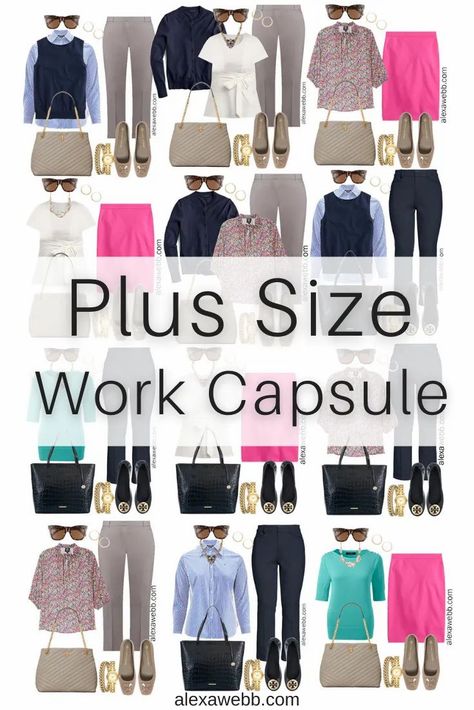 Plus Size Spring Work Capsule Wardrobe - A collection of pieces to mix and match including navy trousers, grey trousers, and a pink skirt - Alexa Webb Plus Size Summer Work Outfits The Office, Work Attire Plus Size, Plus Size Spring Work Outfits, Spring Work Capsule Wardrobe, Pink Capsule Wardrobe, Office Outfits Women Plus Size, Summer Work Outfits Curvy, Plus Size Business Attire, Work Capsule Wardrobe