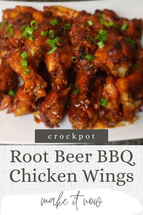 This easy crockpot recipe is so full of sweet and savory flavor from the Root Beer BBQ sauce and it’s really easy to bring together. Root Beer Wings, Root Beer Chicken Wings, Root Beer Bbq Sauce, Beer Bbq Sauce, Chicken Wings Crockpot, Chicken Wing Marinade, Honey Barbecue Sauce, Honey Barbecue, Bbq Chicken Wings