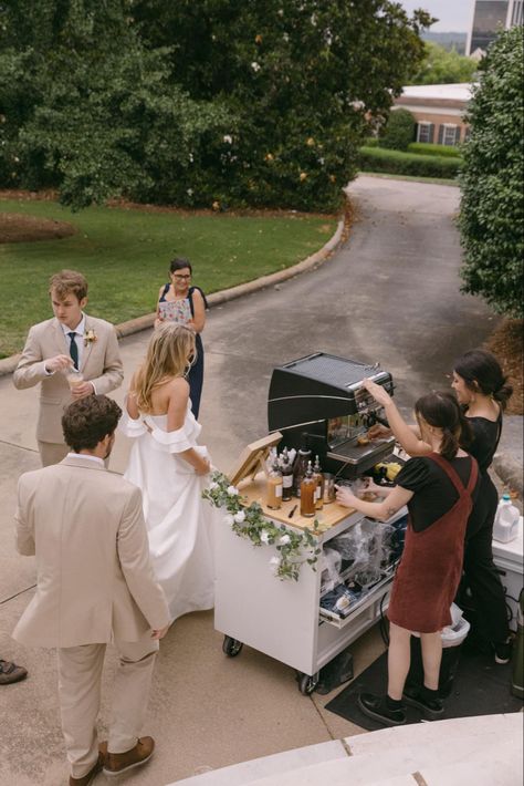 Wedding coffee cart catering. Signature drinks for the bride and groom so they get to enjoy their favorite lattés! 🤍 Coffee catering for weddings Barista At Wedding, Wedding Coffee Catering, Coffee At Wedding Receptions, Wedding Barista Bar, Coffee Catering Ideas, Coffee Cart For Wedding, Coffee Cart At Wedding, Affogato Bar Wedding, Coffee Truck Wedding