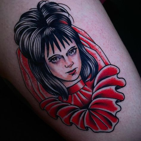 Beetlejuice Lydia Tattoo, Lydia Deetz Tattoo, Beetlejuice Tattoo, Beetlejuice Wedding, Lydia Beetlejuice, Tim Burton Tattoo, Lydia Deetz, Creepy Tattoos, E Tattoo