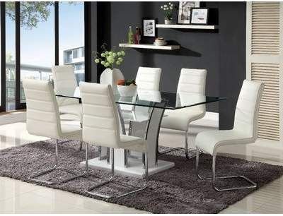 Modern Dining Rooms Contemporary, Diner Table, Glass Top Dining Table, Contemporary Dining Table, Faux Leather Dining Chairs, 7 Piece Dining Set, White Chair, Dining Table Set, Glass Dining Table