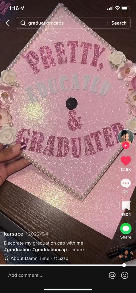 Aesthetician Graduation Cap, Esthetician Graduation Cap Ideas, Pink Sparkly Graduation Cap, Lash Tech Graduation Cap, Pink Girly Graduation Cap, Pretty And Educated Grad Cap, Nail Tech Cap Decoration Graduation, Esthetician Grad Cap, Pink Decorated Graduation Caps