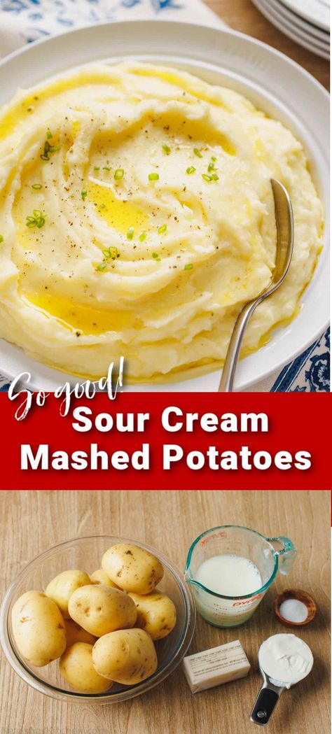 Sour Cream Mashed Potatoes are filled with richness and flavor, especially when topped with butter and fresh chives. This easy potato side dish is sure to be requested again and again. Mashed Potatoes Recipe With Sour Cream, Easy Creamy Mashed Potatoes, Mashed Potatoes For One, Sour Cream Mashed Potatoes Recipe, Best Mashed Potatoes With Sour Cream, Potatoes With Sour Cream, Best Fluffy Mashed Potatoes, Fluffy Mashed Potatoes Recipes, Mashed Potatoes With Sour Cream Recipe