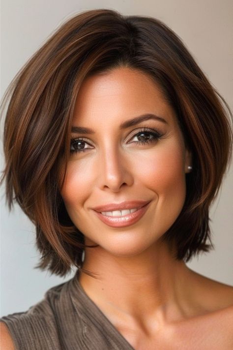 A layered bob with a side part is a versatile, flattering cut for any occasion. The strategic layering adds volume and texture, while the side part creates a soft, feminine touch. Click here to see more stunning bob haircuts for women over 50. Short Brown Hair, Women Over 50, Brown Hair, Over 50, Short Hair, Hairstyles, For Women, Hair