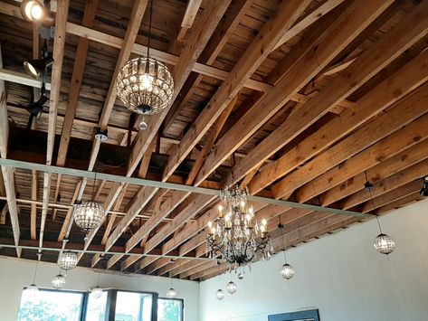 Open Rafter Lighting, Exposed Ceiling Lighting, Open Truss Ceiling, Open Ceiling Design Exposed Rafters, Open Rafter Ceiling, Exposed Ceiling, Remove Ceiling To Expose Rafters, Exposed Steel Truss Ceiling, Open Truss Ceiling Exposed Rafters