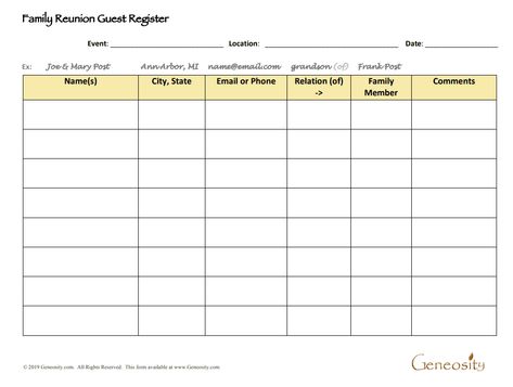 Blank printable family reunion guest register is an adobe acrobat PDF form for documenting guests at family gatherings. Family Reunion Information Sheet, Family Reunion Address Book, Family Reunion Guest Book Ideas, Reunion Checklist, Family Reunion Signs, Raffle Tickets Printable, Relationship Chart, Genealogy Forms, Family Information