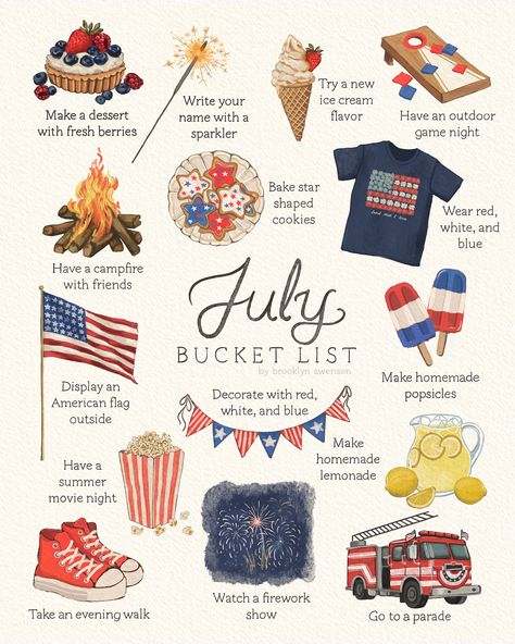 Brooklyn Swenson | ✨🇺🇸 July Bucket list ✨🇺🇸 EDIT: you guys!!! Please cool it with the comments 🥵 be nice to each other please 🙏🏼🥲 Here is a list of 15… | Instagram July Bucket List, January Bucket List, Campfire With Friends, Summer Movie Night, Firework Show, Star Shaped Cookies, Ice Cream Flavor, Homemade Popsicles, Shaped Cookies