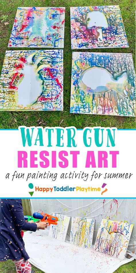 Stunning Water Gun Resist Art for Kids - HAPPY TODDLER PLAYTIME Water Arts And Crafts Preschool, June Art For Preschoolers, Water Art For Preschoolers, Water Week Crafts For Kids, Messy Day Activities For Preschool, Water Day At School, Wonderful Water Activities For Toddlers, Swimming Art For Kids, Art In The Park Ideas For Kids