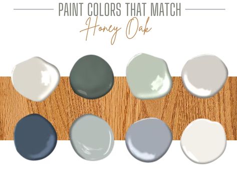 Take the guesswork out of selecting paint colors for your home and just take this curated palette to the paint store! Honey Oak was once a popular finish for kitchen cabinets and trim throughout the home. Though it's fallen out of favor in recent years, many homes still have Honey Oak throughout, leaving homeowners stumped as to which paint colors will complement their trim or cabinetry while also modernizing their home. These paint colors can help make a home with Honey Oak accents feel less outdated! Instantly download the shown color palette, complete with Benjamin Moore paint color names.  Bonus paint finish guide also included, so you can easily choose the correct sheen for each area of your home! This is a digital download only. No refunds or returns will be accepted. Any given color Modern Mountain Home Paint Colors, Agreeable Gray With Honey Oak Cabinets, Paint Colors For Honey Oak Cabinets, Paint That Goes With Honey Oak, Green Home Color Palette, Paint Colors With Honey Oak Trim, Cushing Green Benjamin Moore, Honey Oak Kitchen Cabinets Wall Color, Honey Kitchen Cabinets