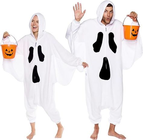 100% Polyester Hand Wash Only FULL OF FUN DETAILS - These adorable and eye - catching costume onesies feature a hood with adorable ghost face on the body for full effect. Match with a pair of slippers (not included) for your next pajama party! Ghost Face Robe, Ghost Costume Men, Adult Ghost Costume, Halloween Costume Onesie, Spirit Halloween Costumes, Spooky One, Swimsuit Cosplay, Ghost Halloween Costume, Cow Costume