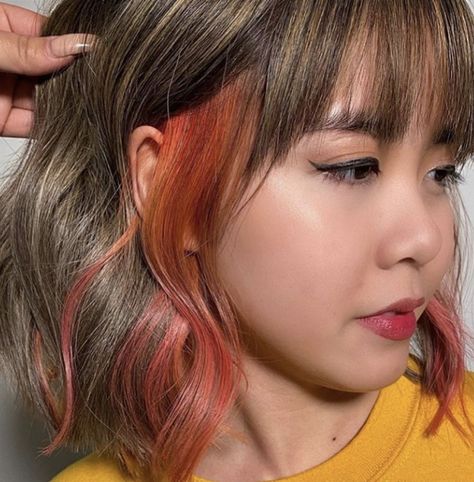 Pop of colour/ colour strip Colour Ends Of Hair, Stripe Of Color In Hair, Pop Of Colour Hair, Pop Of Color Hair Hidden, Hidden Pops Of Color In Hair, Dyed Strip Of Hair, Pop Of Color In Brown Hair, Strip Of Color In Hair, Brunette Color Blocking