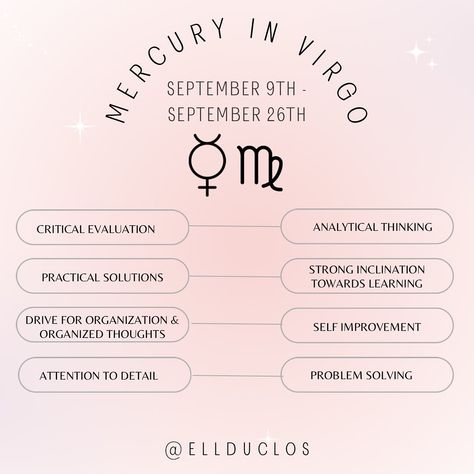 MERCURY IN VIRGO (Sept 9th - Sept 26th) what to expect! ♍️ #mercuryinvirgo #mercury #virgo #astrology #astrologyforecast #astrologypost #astrologyposts #astrology101 #astrologyreadings #dailyhoroscope #horoscope #horoscopes #monthlyhoroscope #dailyastrology Mercury Virgo, Mercury In Virgo, Virgo Mercury, Virgo Astrology, Astrology Forecast, Daily Astrology, Daily Horoscope, Problem Solving, Self Improvement