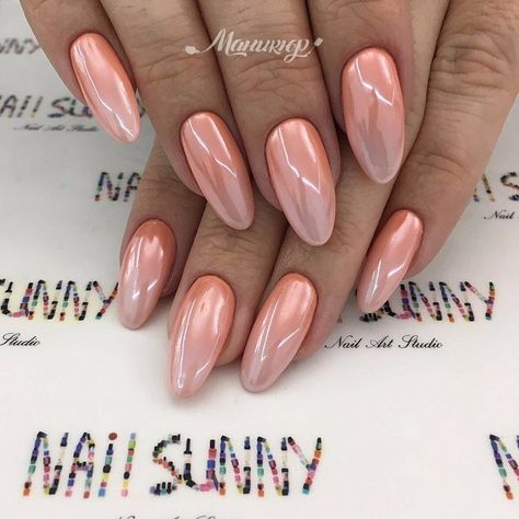 Coral Metallic Nails, Coral Chrome Nails Designs, Coral Pearl Nails, Chrome Nails Coral, Coral Nails With Chrome, Coral Chrome Nails, Chrome Nails Designs, Coral Nails, Pretty Nail Art Designs