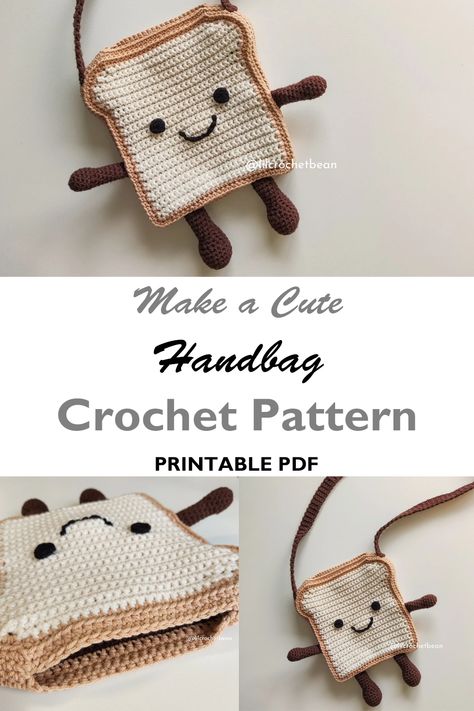 Make your own cute bag crochet pattern. Fun Crochet Bag Patterns, Crochet Toast Bag Free Pattern, Animal Bag Crochet Pattern Free, Crochet Milk Carton Bag, Crochet School Bags Free Pattern, Crochet Aesthetic Bag Free Pattern, Cute Mini Things To Crochet, Unique Crochet Accessories, Kawaii Crochet Bag Pattern Free