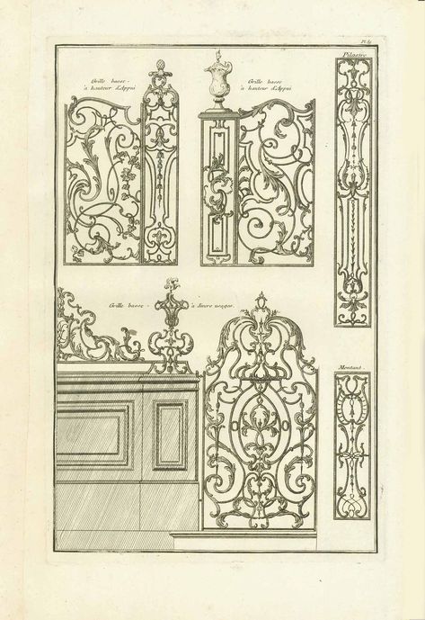 Architecture, architectural elements, Wrought Iron Gates and Grids – Philographikon Antique Maps and Prints Copper Etching, Wrought Iron Gates, Castle Designs, Classy Tattoos, Diy Furniture Easy, Iron Gates, Iron Gate, Detailed Drawings, Antique Maps