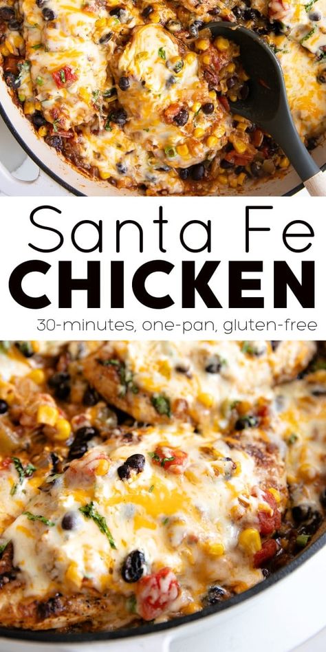 This Santa Fe Chicken Recipe is made with seasoned chicken breasts smothered in black beans, diced tomatoes, sweet corn, and yummy melted cheese. An easy 30-minute one-skillet weeknight dinner loved by the whole family. Manly Meals Dinners, Sante Fe Chicken Skillet, Santa Fe Chicken Skillet, Diced Chicken Dinner Ideas, Chicken Santa Fe, Whole Chicken Dinner, Mexican Chicken Breast Recipes, Mexican Chicken Breast, Flavorful Chicken Breast Recipes