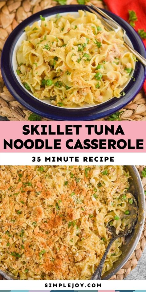 Skillet Tuna Noodle Casserole is full of delicious creamy flavor and is on your table in 35 minutes. This one pot meal is going to become a new family favorite! Tuna Noodle Recipes, Healthy Tuna Noodle Casserole, Stove Top Tuna Noodle Casserole, Stove Top Tuna Casserole, Tuna Casserole Healthy, One Pot Tuna Noodle Casserole, Tuna Noodle Casserole No Soup, Skillet Tuna Noodle Casserole, Tuna Noodle Cassarole