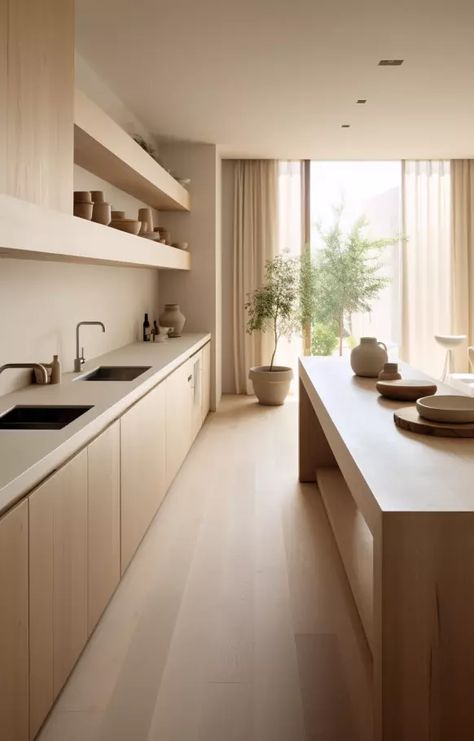 Minimalist Style Kitchen Design, Japandi Hardwood Floor, Minimalistic Modern Kitchen, Kitchen Interior Japandi, Japandi Style Kitchen Design, Open Kitchen Aesthetic, Japandi Modern Kitchen, Japandi Apartment Kitchen, Kitchen Ideas Japandi