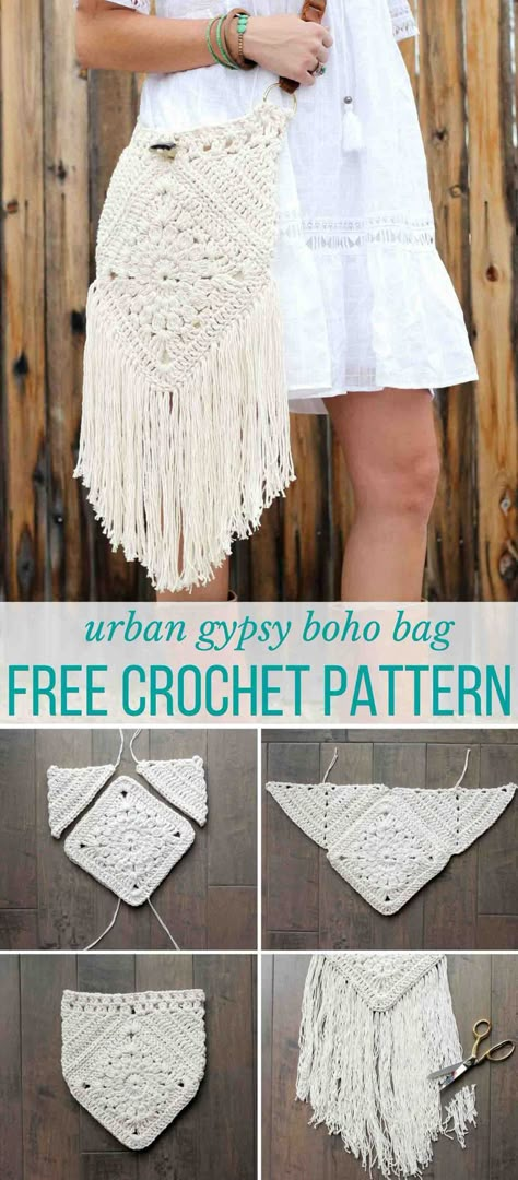 Hello boho! With interesting construction and tons of texture, "Urban Gypsy" boho bag free crochet pattern is loaded with bohemian charm! Crochet Boho Bag Pattern, Boho Bag Pattern, Tote Crochet, Crochet Boho Bag, Crochet Shell Stitch, Confection Au Crochet, Crochet Simple, Haken Baby, Crochet Purse Patterns