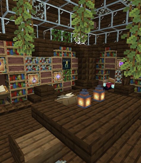 Library Mc Ideas, Minecraft Library Room Ideas, Minecraft Interior Design Library, Minecraft Interior Library, Mc Library Ideas, Minecraft Abandoned Library, Minecraft Magic Interior, Minecraft Bookstore Interior, Magic Room Minecraft