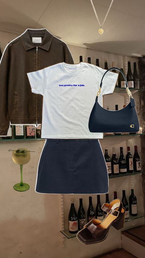 Wine bar outfit, blue skirt, brown heels, martini, dirty martini, white tee, funny tee, gold jewelry, coach purse, brown leather jacket, women’s outfit, date outfit, women’s fashion Wine Bar Outfit, Brown Leather Jacket Women, Outfit Date, Leather Jacket Women, Bar Outfit, Date Outfit, Dirty Martini, Brown Heels, Outfit Women