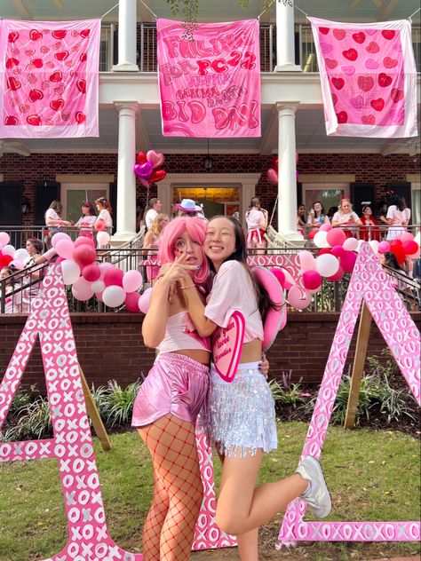 Love Sorority Theme, Barbie Bid Day Theme, Bid Day Signs For New Members, Pink Bid Day Theme, Electric Love Bid Day, Bid Day Activities, Love Bid Day Theme, Y2k Bid Day, Barbie Bid Day