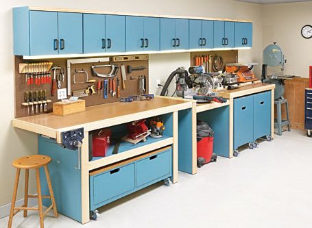 Woodsmith Plans, Workshop Cabinets, Organized Garage, Garage Workshop Plans, Garage Workshop Organization, Woodworking Garage, Workshop Layout, Workshop Plans, Woodworking Shop Layout