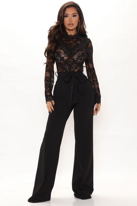 Available In Mauve And Black. Jumpsuit Lace Top Mock Neck Long Sleeve Tie Waist Wide Leg Pant Invisible Back Zipper Partially Sheer Stretch 35" Inseam Self: 95% Polyester 5% Spandex Lace: 100% Polyester Imported | Lillian Lace Jumpsuit in Black size 1X by Fashion Nova Bow Jumpsuit, Jumpsuit Lace, Black Lace Jumpsuit, Lace Jumpsuit, Mock Neck Long Sleeve, Flared Trousers, Tie Bow, Wide Leg Pant, Flared Pants