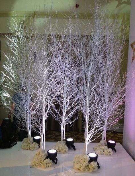 Winter Wedding Decorations Diy, Ice Wedding, Christmas Stage Design, Takken Decor, Diy Winter Wedding, Wedding Table Display, Birch Tree Wedding, White Party Decorations, Christmas Stage