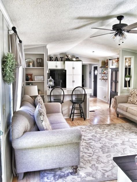 Single Wide Living Room Ideas, Trailer Remodel Single Wide, Small Mobile Home Remodel, Single Wide Trailer Remodel, Trailer House Remodel, Small Mobile Homes, Mobile Home Redo, Single Wide Remodel, Modern Mobile Homes