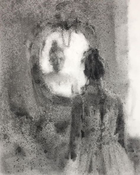 charcoal portrait drawing Charcoal Horror Art, Accepting Imperfection, Cam Corder, Lighthouse Project, Reflection Drawing, Mirror Tattoo, 16mm Film, Personal Investigation, Window Reflection