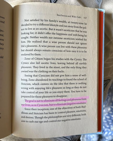 The goal is not to eliminate all feelings and pleasure from our lives, as in cynicism, but to eliminate negative emotions. Ikigai Book Quotes, Ikigai Quotes, Ikigai Book, Books Inspiration, Quotes Book, Kindle Reader, Wise Person, Book Names, Japanese Words