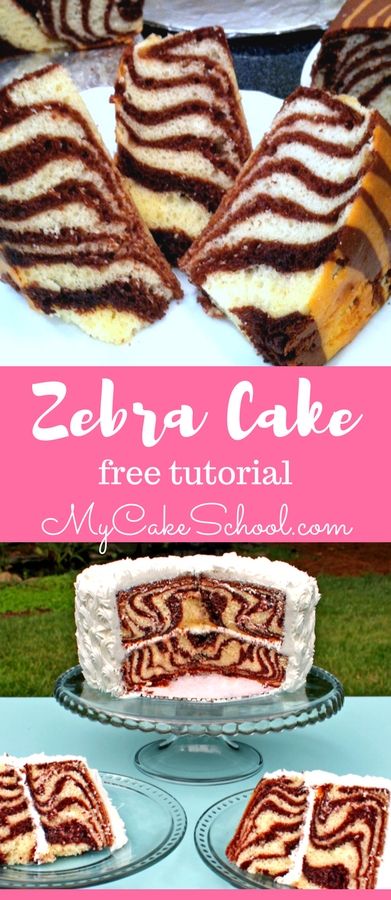 How to Make a Zebra Cake with Stripes on the Inside! Free cake tutorial by MyCakeSchool.com!  #zebracake #chocolate #caketutorial #mycakeschool Zebra Cake Dip, Zebra Cakes, Vegan Zebra Cake, Zebra Cakes On A Stick, Diy Zebra Cake, Surprise Inside Cake, Zebra Bundt Cake, Zebra Print Cakes, Striped Cake