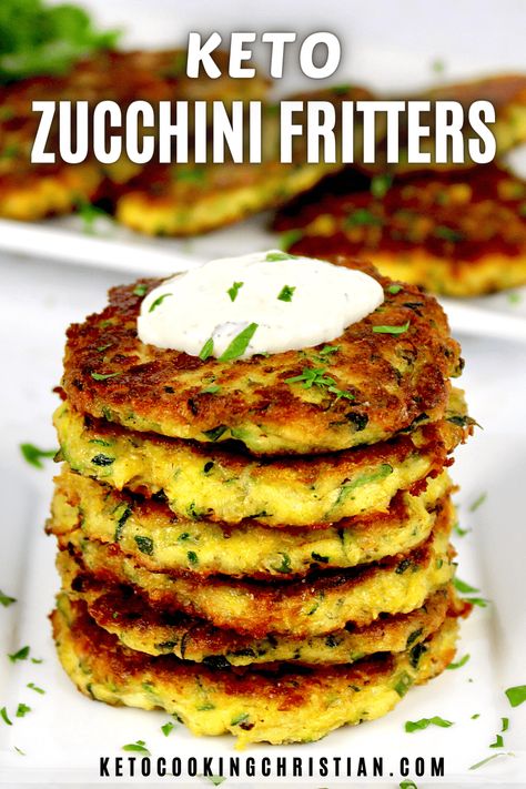 Keto Zucchini Fritters with a homemade dipping sauce are a super tasty and low carb way to put all that delicious summer zucchini to use. They're perfect to serve at brunch, as an appetizer or side dish! #ketoappetizer #ketozucchini #ketosidedish Keto Low Carb Zucchini Fritters, No Carb Zucchini Recipes, Keto Recipes Using Zucchini, Keto Corn Fritters, Courgette Keto Recipes, Keto Zucchini Fritters Recipes, Easy Keto Zucchini Recipes, Keto Stuffed Zucchini Recipes, Keto Zucchini Side Dish Recipes