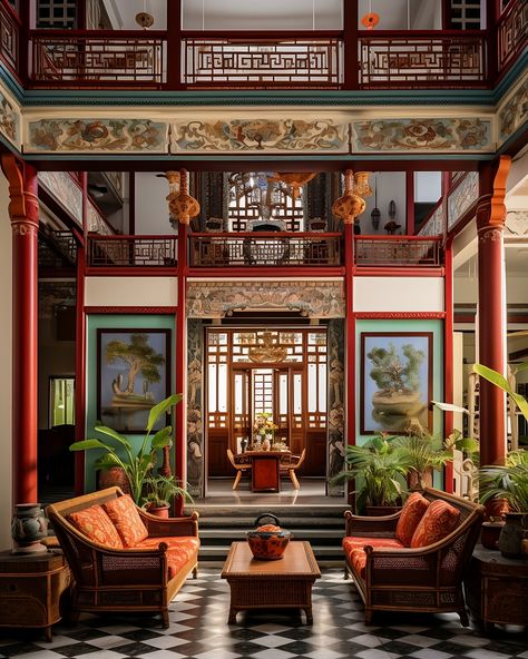 A double-story house with vintage Peranakan home interior design. This is an AI artwork made with Midjourney. China Room Design, Chinese House Decor, Chinese Temple Interior, Peranakan Interior Design, Peranakan Architecture, Chinese Interior Design Modern, Traditional Chinese House Interior, Chinese Interior Design Traditional, Traditional Chinese Interior Design