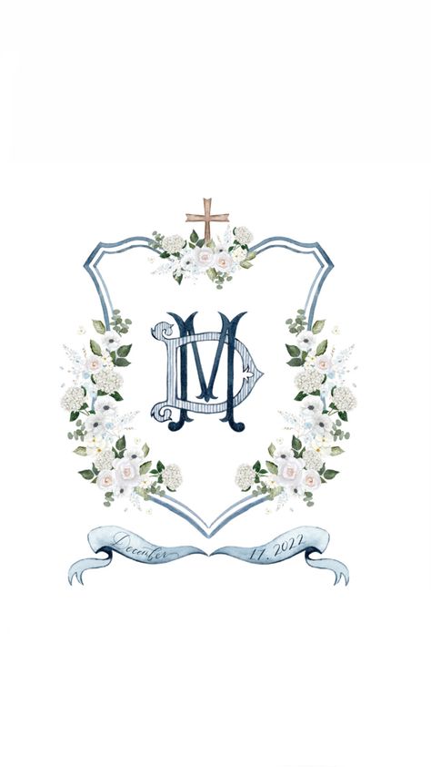 Wedding crest with hydrangea and anemone white florals around border. Navy monogram in middle Hydrangea Wedding Crest, Painted Wedding Invitations, Dm Logo, Blue And White Watercolor, Wedding Maps, Calligraphy Names, Painted Wedding Invitation, Custom Wedding Map, Rustic Mountain Wedding