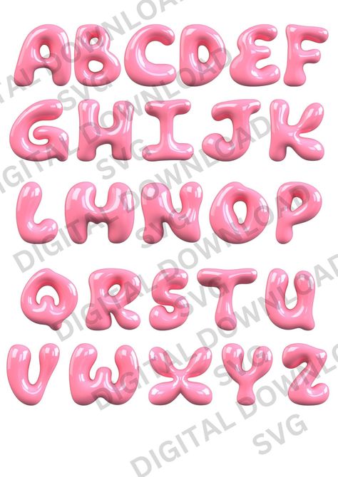 Delightful bubble fonts in pink for use in designs, logos, and other creative#bubblefont #funwithfonts #creativelettering #typographylove #fontobsessed Pink Bubble Letters, Y2k Clothing Brand, Pink Alphabet Letters, Bubble Fonts Alphabet Graffiti, Bubbly Fonts, Bubble Words, Letters Bubble, Y2k Fonts, Cute Fonts Alphabet