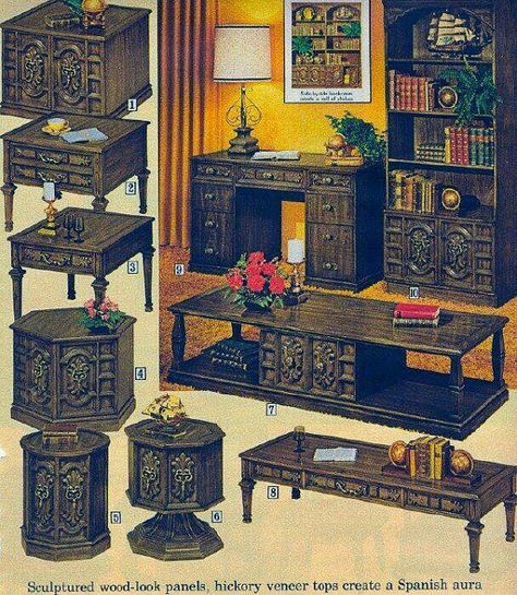 Ah, yes. Late mid-century to early '70s monstrosities. My grandma had some of these end tables, IIRC. Awful stuff, but kind of great at the same time. Furniture 70s, 70s Mom, Patterned Sofa, 1970s Furniture, 70s Furniture, 1970s Decor, 70s Decor, 70s Home Decor, Spanish Style Homes