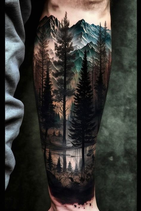 Woods Themed Tattoo Sleeve, Wilderness Sleeve Tattoo Women, Forest Tattoo Cover Up, Manly Sleeve Tattoos, Mountain Leg Tattoos Women, Tree Tattoo Forearm Women, Nature Color Tattoo, Wild Life Tattoos Sleeve, Outdoor Scene Tattoo