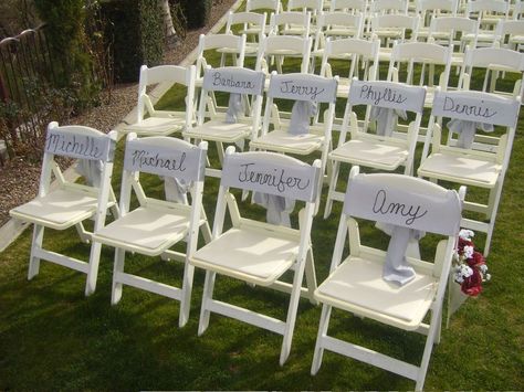 Monogram names in chair sashes for the reserved seating! Good thing i have a access to an embroidery machine! Name Tag Wedding, Budget Beach Wedding, Reserved Wedding Signs, Seating Arrangement Wedding, Beach Wedding Groomsmen, Beach Wedding Makeup, Wedding Ceremony Seating, Tucson Wedding, Wedding Arch Rustic