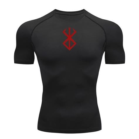 Unleash your inner warrior and push your limits with the Brand of Sacrifice Black Compression Shirt. Crafted with the highest quality materials and featuring the iconic logo from the renowned Berserk series, this compression shirt is a must-have for all hardcore fans and fitness enthusiasts.   Key Features:   Premium Quality: Our Black Compression Shirt is made from a blend of durable and breathable fabrics, ensuring maximum comfort and long-lasting performance. It is designed to withstand intense workouts and maintain its shape even after multiple washes.   Perfect Fit: Engineered to provide a snug and supportive fit, our compression shirt adapts to your body's contours, reducing muscle fatigue and enhancing your overall performance. It acts like a second skin, allowing you to move freely Gym Compression Shirt, Black Compression Shirt, Brand Of Sacrifice, Berserk Anime, Push Your Limits, Gym Outfit Men, Estilo Fitness, Inner Warrior, Workout Attire