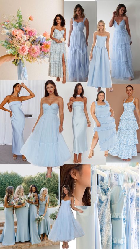 Blue Pallet Bridesmaid Dresses, Light Blue Mismatched Bridesmaids, Blue Bridesmaid Dresses Mismatched, Mismatched Blue Bridesmaid Dresses, Mismatched Bridesmaid Dresses Blue, Bridesmaids Ideas, Bridal Parties Colors, Sky Blue Bridesmaid Dresses, Bridal Party Attire