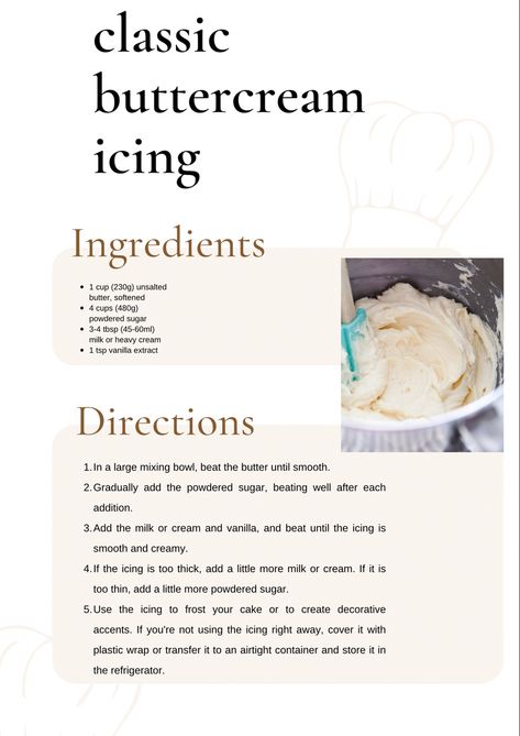 Recipe for buttercream icing. Ingredients and instructions included. Home made. Simple baking tricks How To Make Homemade Frosting Easy, Recipes For Icing, Homade Frosting Recipes Easy, At Home Frosting, How To Make Buttercream White, How To Make Homemade Icing For Cakes, Simple Buttercream Recipe, Homemade Buttercream Frosting Recipe, Home Made Cream Cheese Frosting Recipe