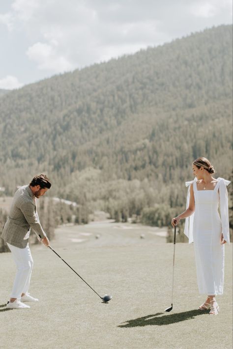 Golf Wedding Pictures, Golf Course Elopement, Golf Cart Engagement Photos, Golf Course Proposal, Golf Themed Engagement Photos, Golfing Engagement Photos, Golf Course Engagement Photoshoot, Golf Engagement Session, Golf Couple Photoshoot