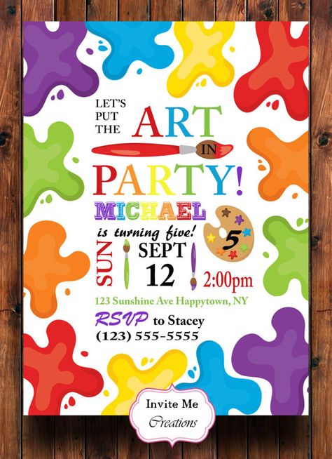 Art Party Invitation Art Birthday Invite by InviteMeCreations Art Birthday Invitations, Art Party Invitations, Painting Birthday Party, Rainbow Invitations, Painting Birthday, Mickey Mouse Parties, Art Birthday Party, Art Invitation, Hello Kitty Party