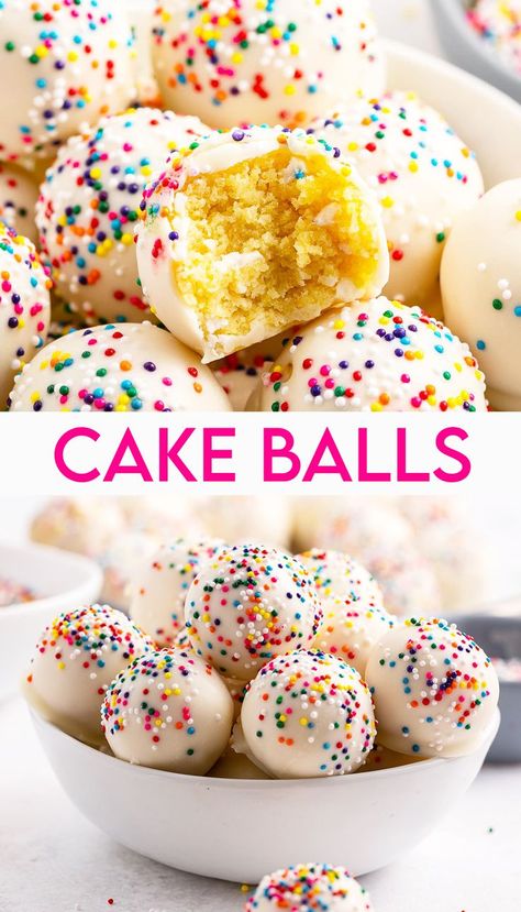 A collage of two photos of white chocolate covered cake balls, with small non pareil rainbow sprinkles all over them. Birthday Cake Cake Balls, Cake Balls With Leftover Cake, Gluten Free Cake Balls, Cake Balls Ideas, Cake Balls Decorating Ideas, How To Make Cake Balls, Cake Balls Recipe Easy, No Bake Cake Balls, Cake Ball Ideas