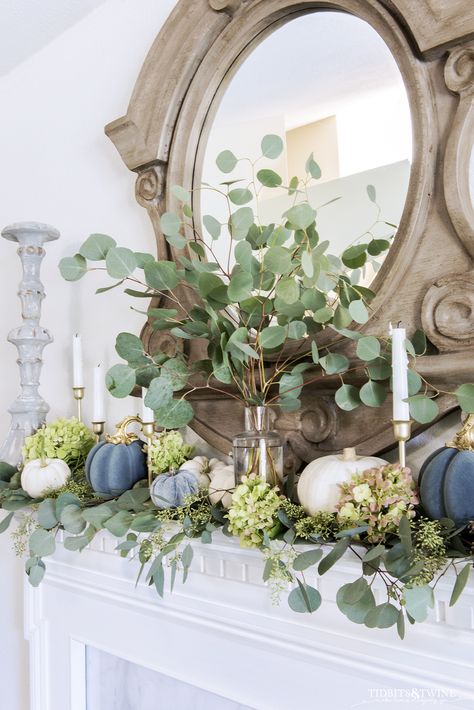 Decorating a French Fall Mantel with Muted Colors Blue Home Aesthetic, Blue Pumpkin Decor, Pumpkin Decor Ideas, Fall Mantels, Simple Decorating Ideas, Fall Mantle Decor, Simple Decorating, Fall Fireplace, Blue Pumpkin