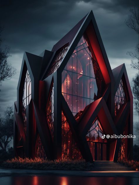 Bath House Fantasy Art, Futuristic Gothic Architecture, Dark Fantasy Bedroom, Gothic Architecture House, Gothic Tiny House, Gothic House Exterior, Gothic Modern House, Unusual House, Futuristic House