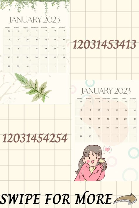 HAPPY NEW YEAR! thank you so much for supporting me throughout the past few months!^__^ to start the year with my very first post for 2023, 2023 CALENDAR DECALS! I suggest using the poster painting (: suits calendars really well! #bloxburg #bloxburgdecals #decals #roblox #robloxdecals #bloxburgcalendar #bloxburgcalendars #bloxburg2023 Bloxburg Picture Codes Calendar 2023, Suit Codes For Bloxburg, Bloxburg Calendar Decals 2023, Decals Roblox Id, Bloxburg Calendar Decals, Painting Codes For Bloxburg, Wallpaper Codes For Bloxburg, Bloxburg Aesthetic Decal Codes, Poster Decals Bloxburg