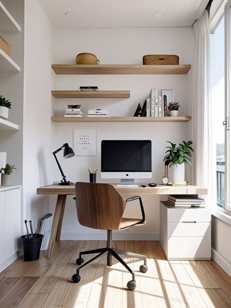 Simple Modern Home Office, Home Office Minimalist Modern, Minimalistic Office Space, White And Wood Home Office, Male Office Ideas, Minimal Office Interior, Chef Kitchen Ideas, Modern Desk Ideas, Minimal Office Desk